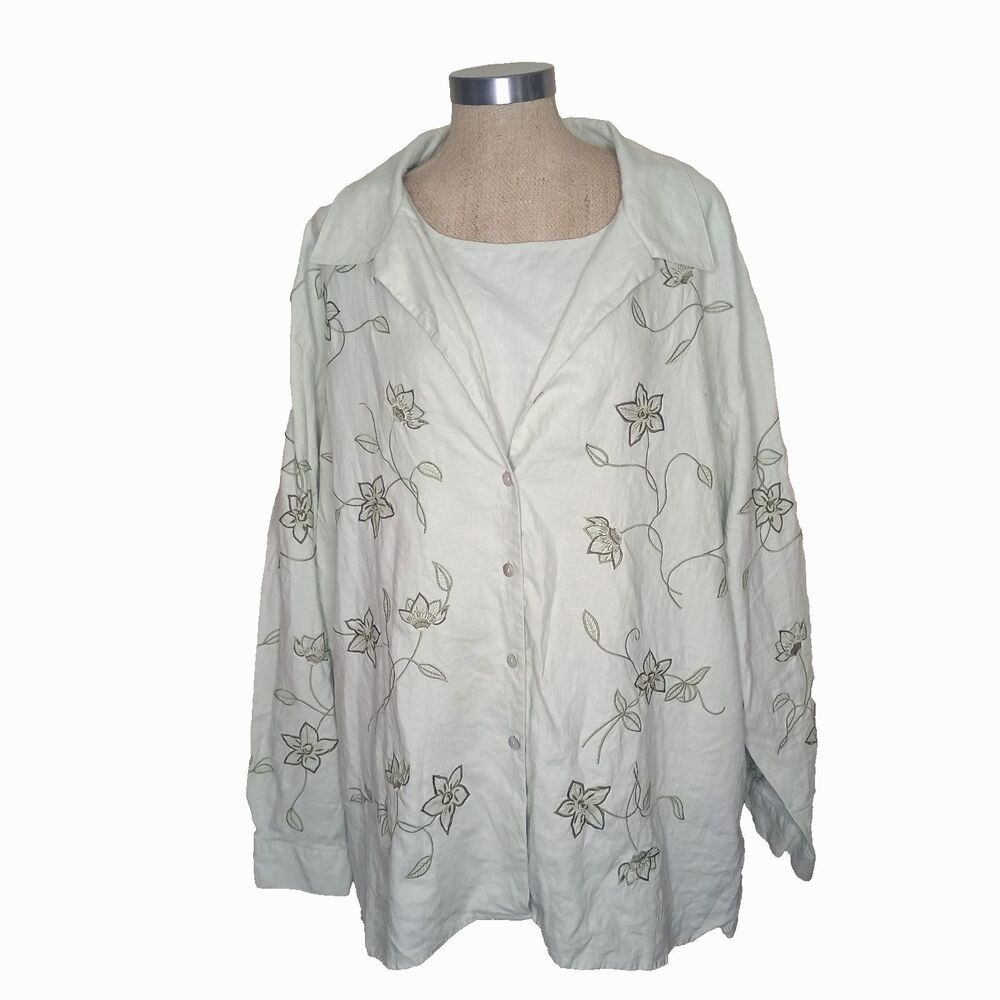 VTG 90s C.B. Studio Set Tank+Overbouse Sage Green Linen Embroidered Floral
